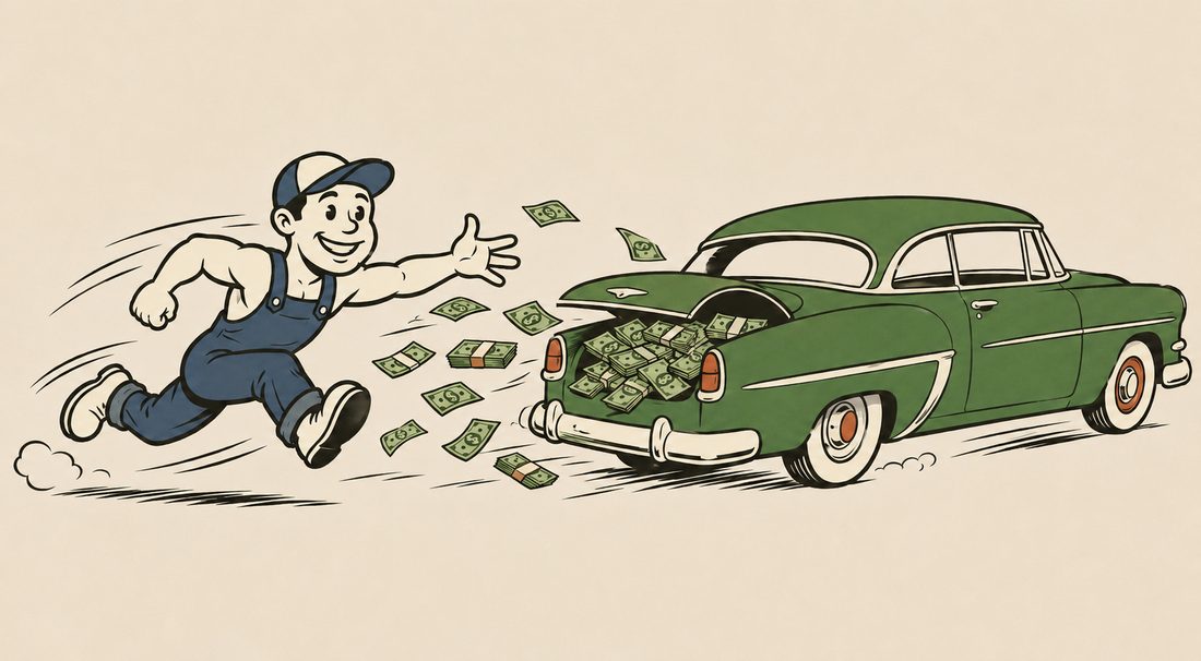 Jax chasing a car with cash spilling from the trunk