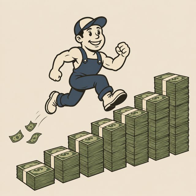Jax leaping up climbing stacks of cash